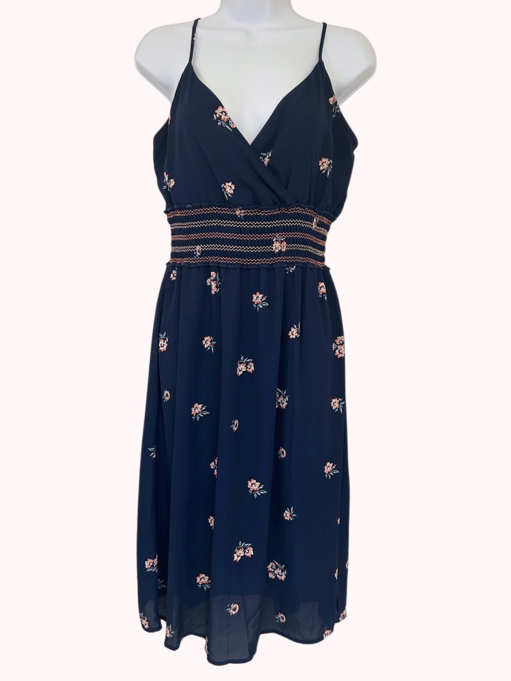 Row A Navy Blue Floral Smocked Waist Midi Dress Size S